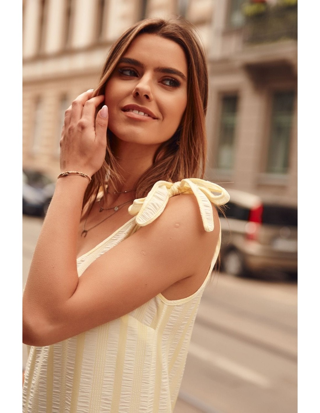 Yellow striped tie-shoulder dress PR3203 - Online store - Boutique